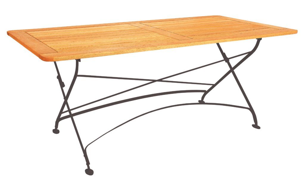 Classico table with black coloured wrought iron hand-forged frame and legs with slatted hardwood tabletop