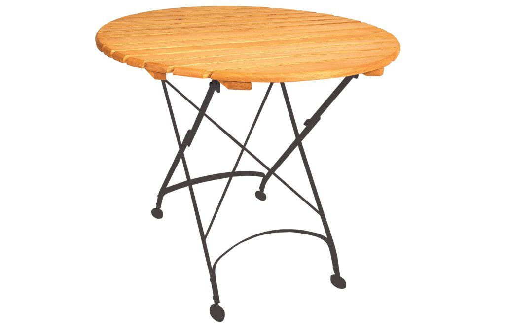 Classico Furniture round table with black coloured wrought iron hand-forged frame and legs with slatted hardwood framed tabletop
