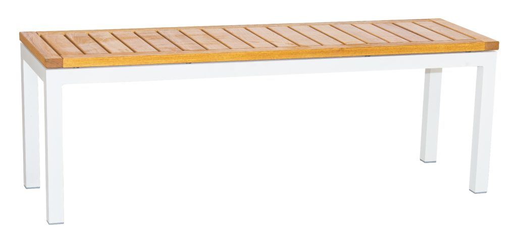 Alto Bench with white aluminium frame and hardwood slatted bench top