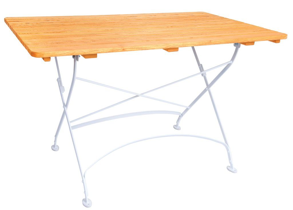 Creta Furniture table with honey coloured hardwood tabletop with gently curved metal shaped frame 