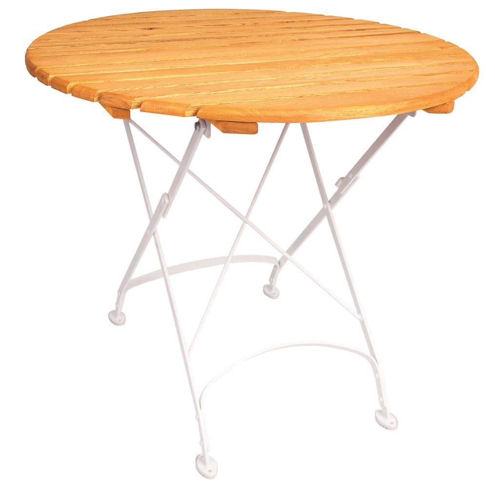 Creta Furniture round table with honey coloured hardwood tabletop with gently curved metal shaped frame 