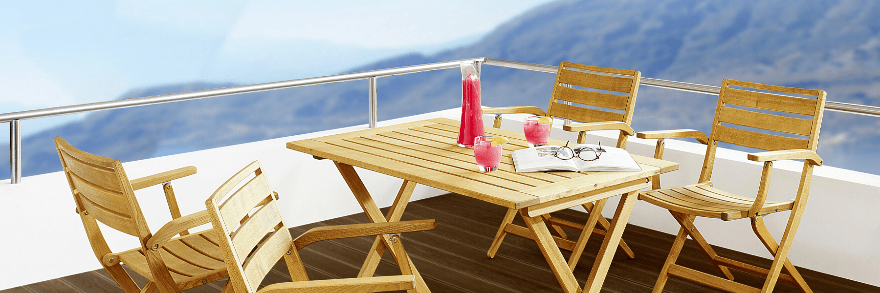 Sorrento foldable Armchairs with table in a hotel balcony restaurant terrace setting