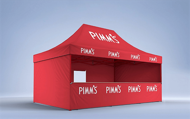 Folding Tent Bars – Classic Folding Tent – Red Pimm’s branding with front half-height side-wall with counter, full height side-walls and rear side-wall with door